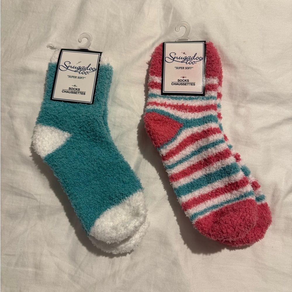 Super Fuzy Striped and Solid Socks - Pink, Teal, White
